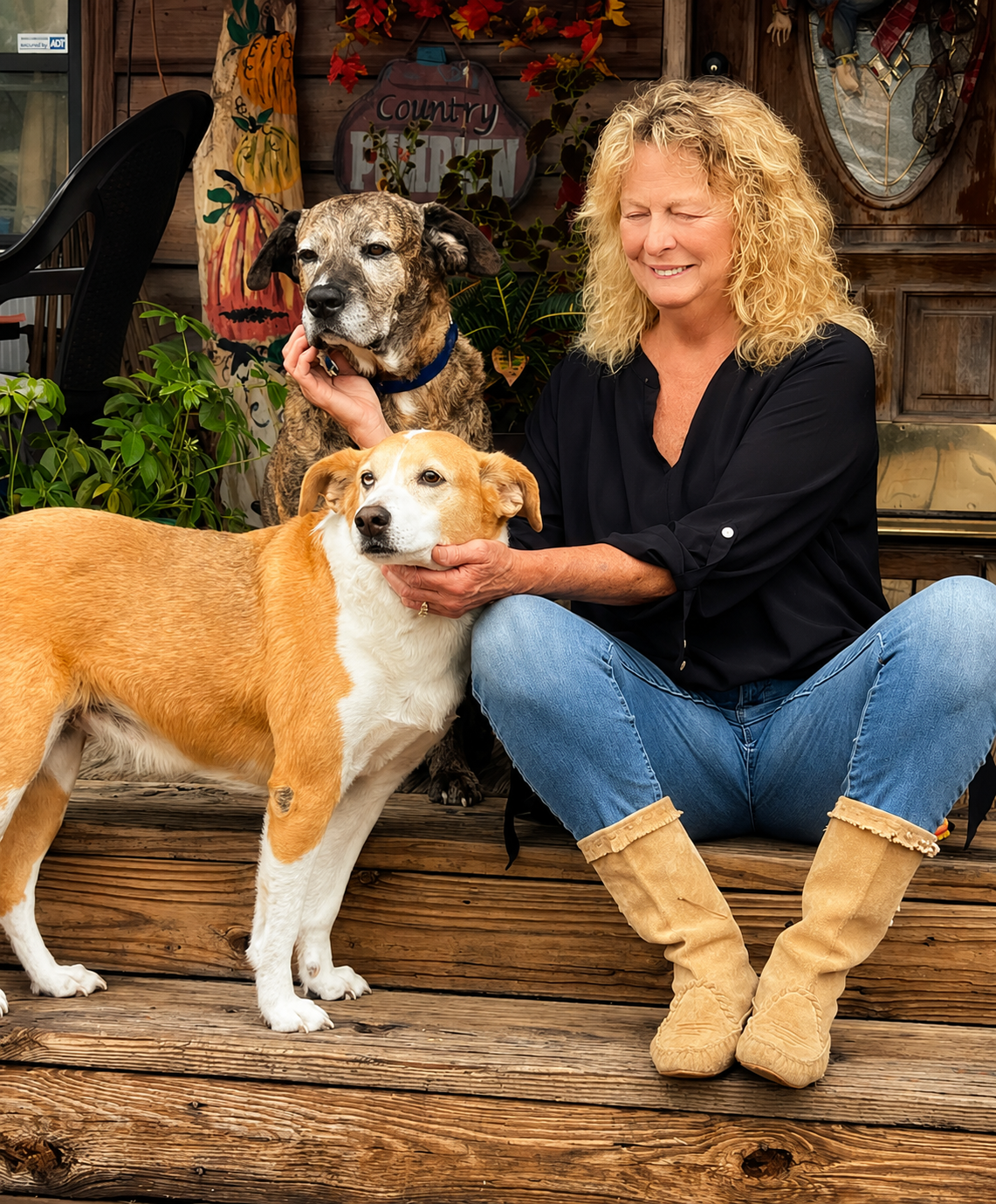 Nita Kay sitting on the porch with dogs